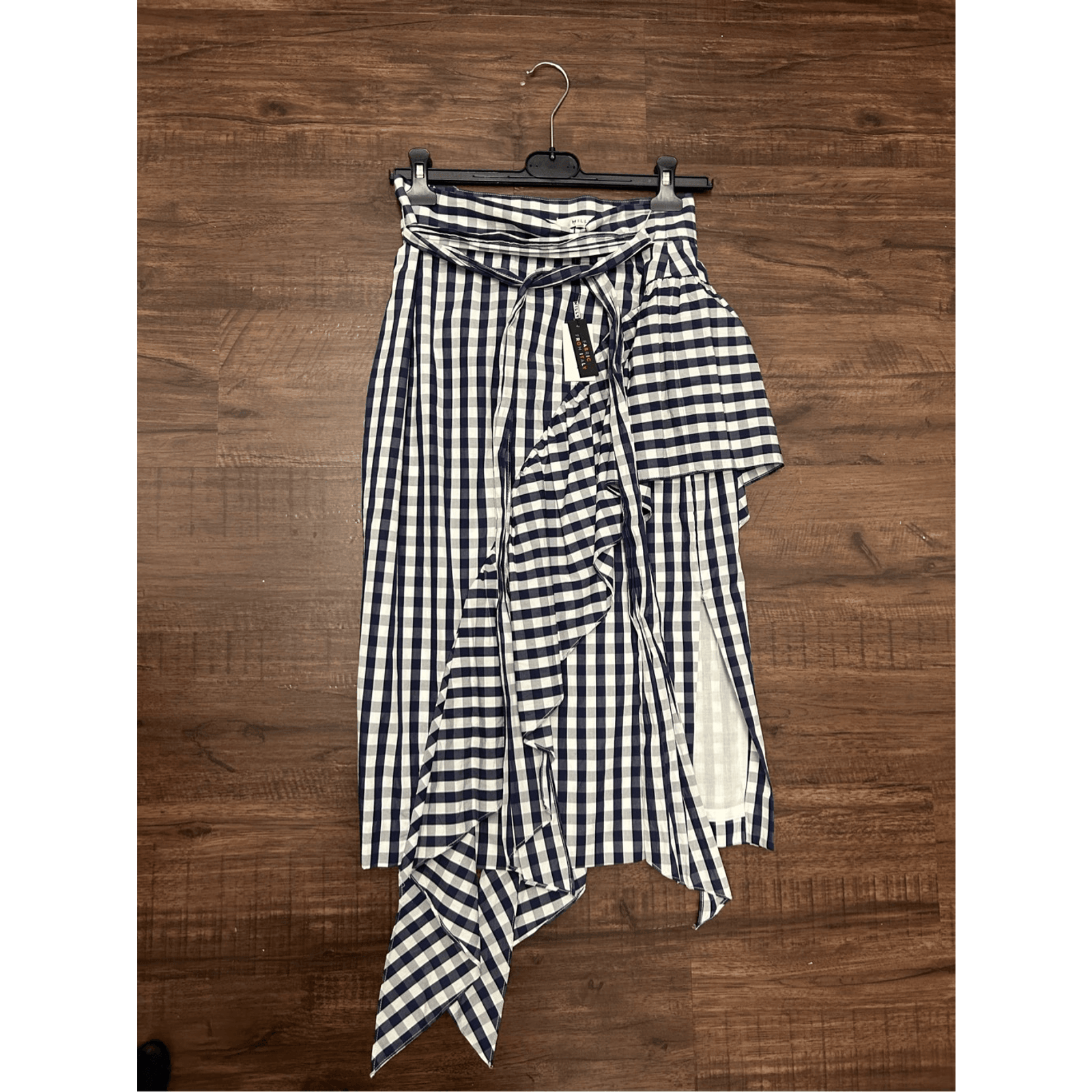 Milly Nwd Blue Gingham Asymmetrical Ruffle Cascade Tie Skirt, Sz 6, Mp $355